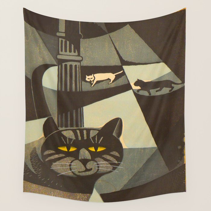Inagaki Tomoo Vintage Japanese Woodblock Print Mid Century Modern Cubism Art Cats Feline Wall Tapestry