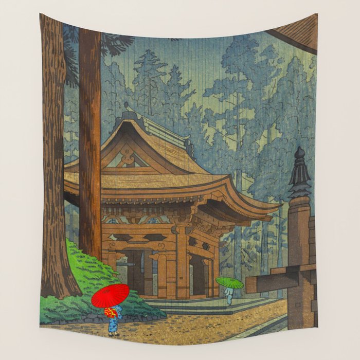 Asano Takeji Japanese Woodblock Print Vintage Mid Century Art Shinto Shrine Forest Wall Tapestry