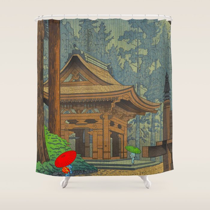 Asano Takeji Japanese Woodblock Print Vintage Mid Century Art Shinto Shrine Forest Shower Curtain