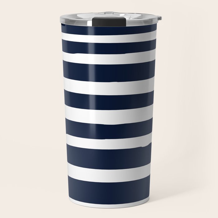 Ocean Stripes, Modern, Abstract, Navy Blue And White Travel Mug