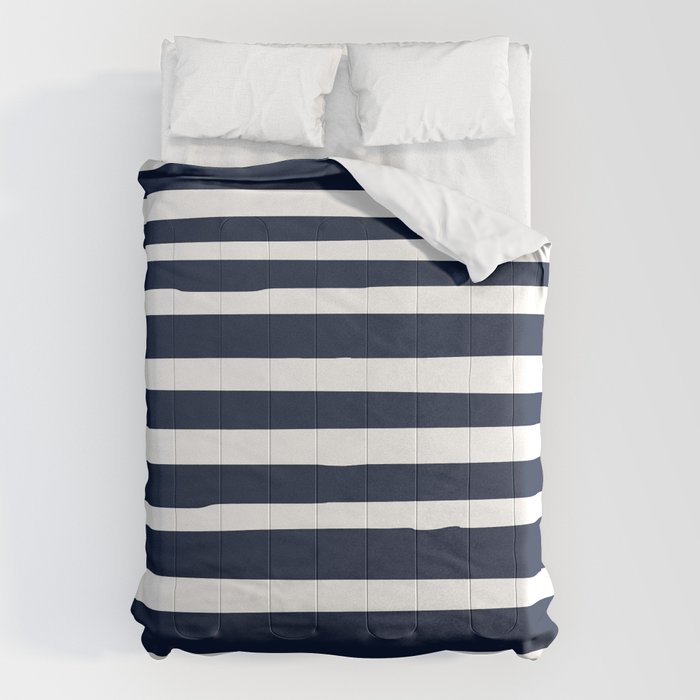 Ocean Stripes, Modern, Abstract, Navy Blue And White Comforter