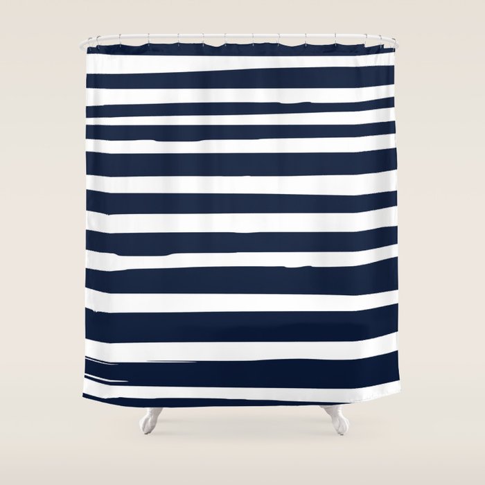 Ocean Stripes, Modern, Abstract, Navy Blue And White Shower Curtain