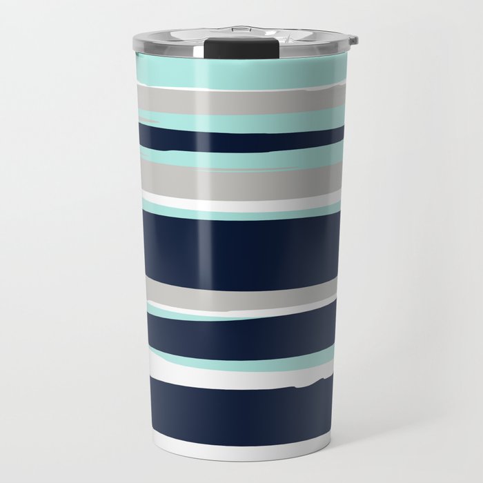 Ocean, Stripe Abstract Pattern, Navy, Aqua, Gray Travel Mug