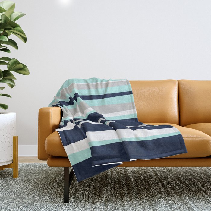 Ocean, Stripe Abstract Pattern, Navy, Aqua, Gray Throw Blanket