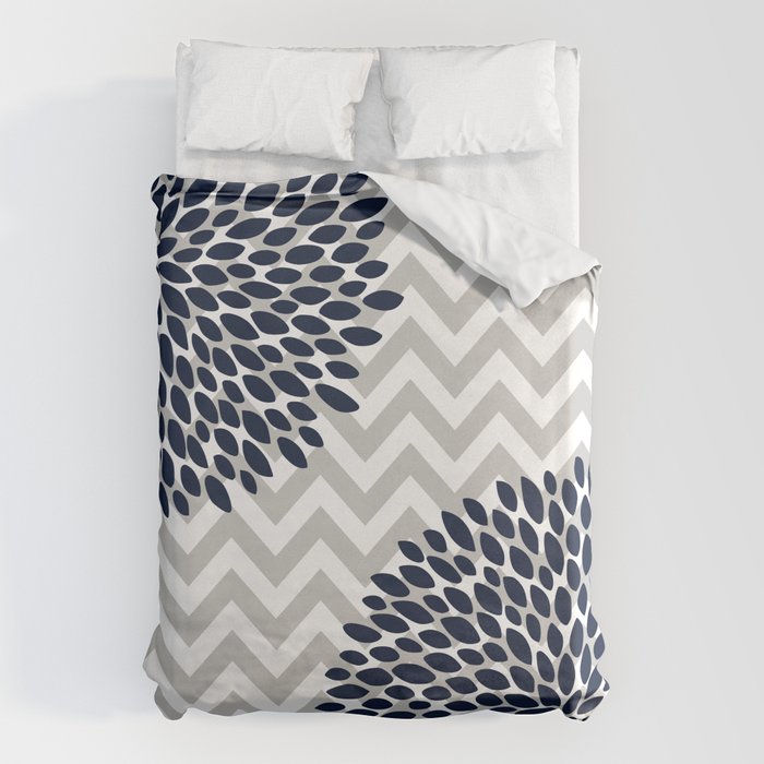 Chevron Floral Modern Navy And Grey Duvet Cover