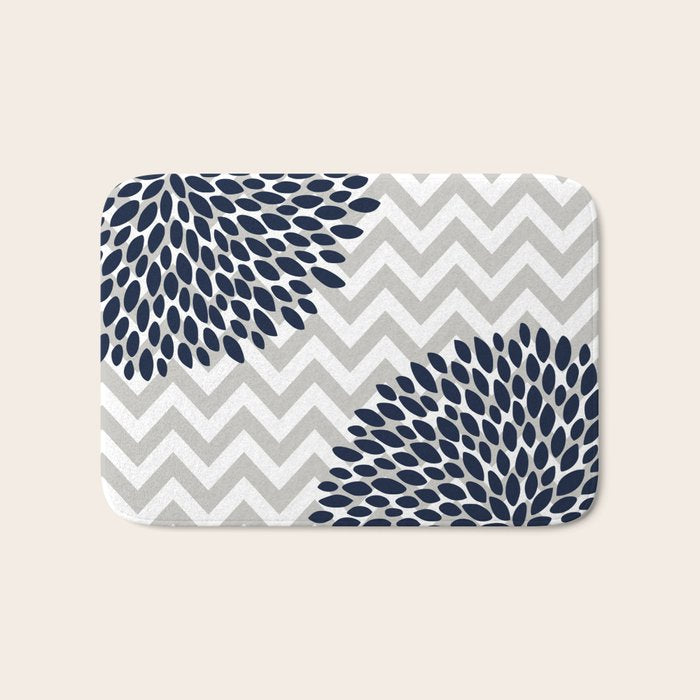 Chevron Floral Modern Navy And Grey Bath Mat
