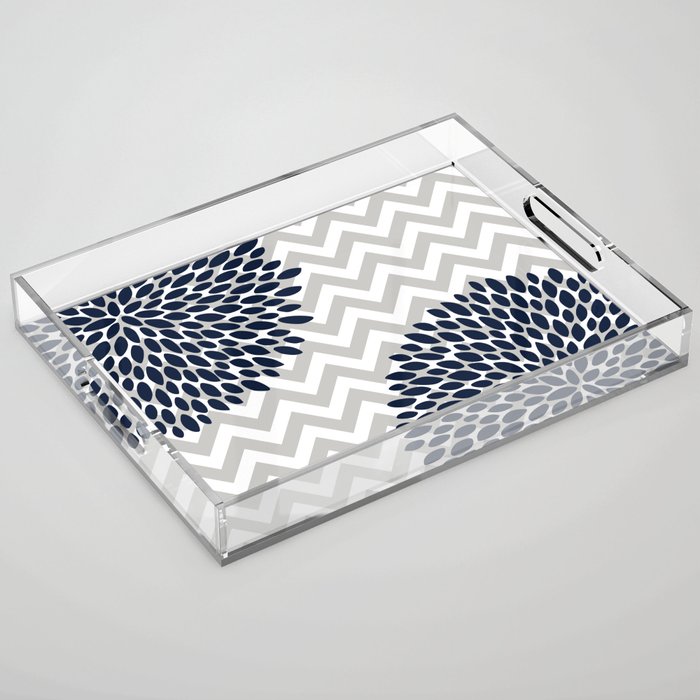 Chevron Floral Modern Navy And Grey Acrylic Tray