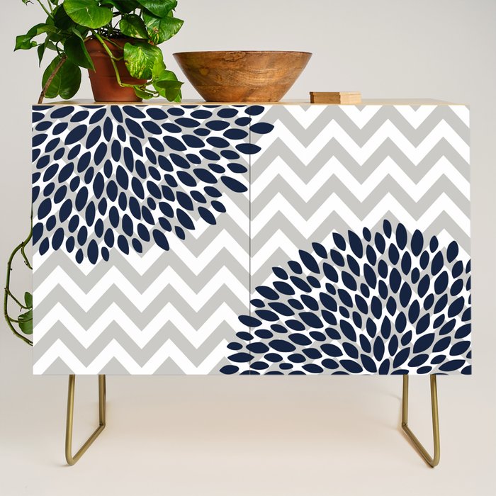 Chevron Floral Modern Navy And Grey Credenza