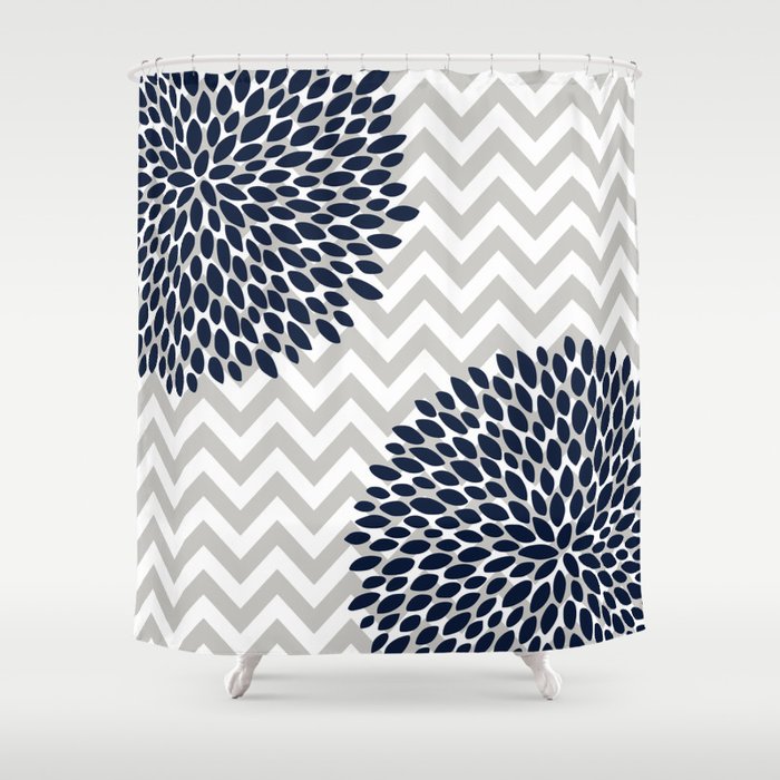 Chevron Floral Modern Navy And Grey Shower Curtain