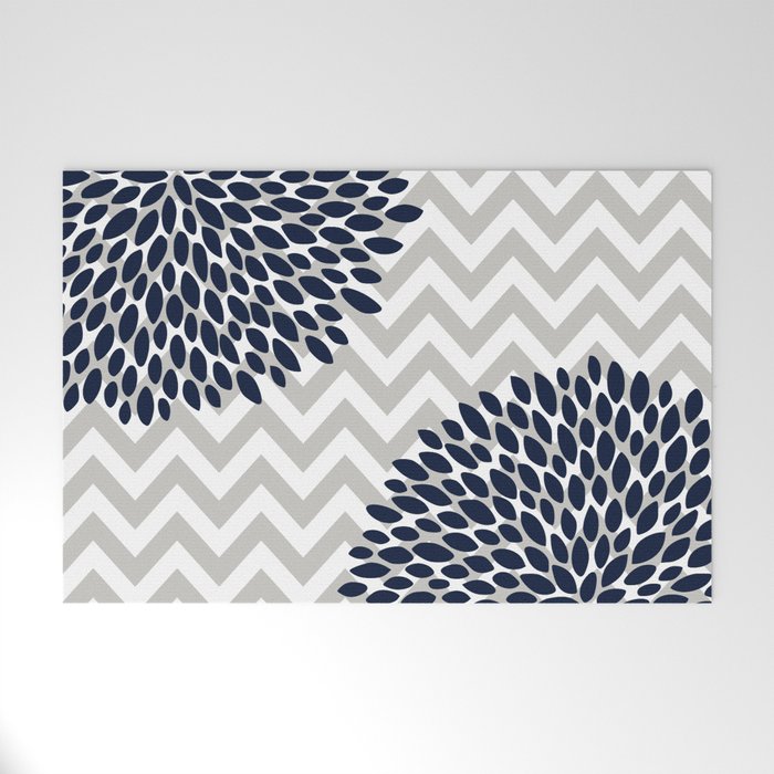 Chevron Floral Modern Navy And Grey Welcome Mat