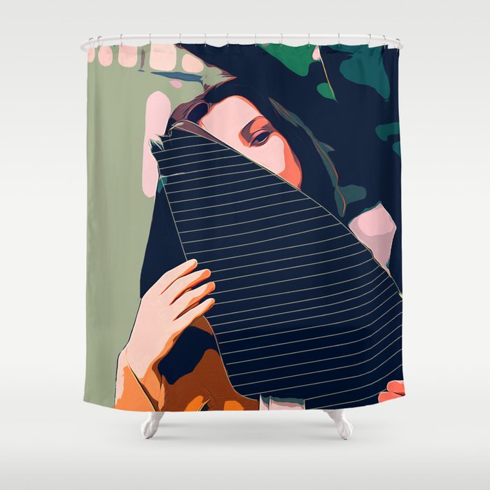 Don'T Be Shy, Bohemian Woman Fashion Illustration, Eclectic Tropical Banana Leaves Feminism Shower Curtain