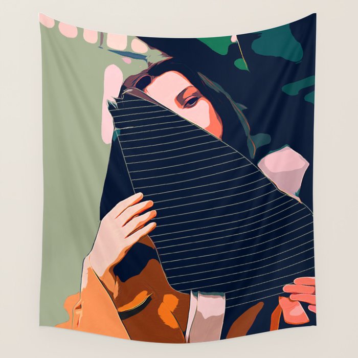 Don'T Be Shy, Bohemian Woman Fashion Illustration, Eclectic Tropical Banana Leaves Feminism Wall Tapestry