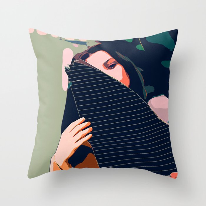 Don'T Be Shy, Bohemian Woman Fashion Illustration, Eclectic Tropical Banana Leaves Feminism Throw Pillow