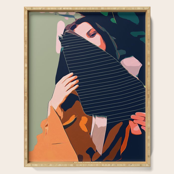 Don'T Be Shy, Bohemian Woman Fashion Illustration, Eclectic Tropical Banana Leaves Feminism Serving Tray