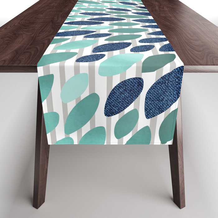 Blooms And Stripes, Aqua And Navy Table Runner