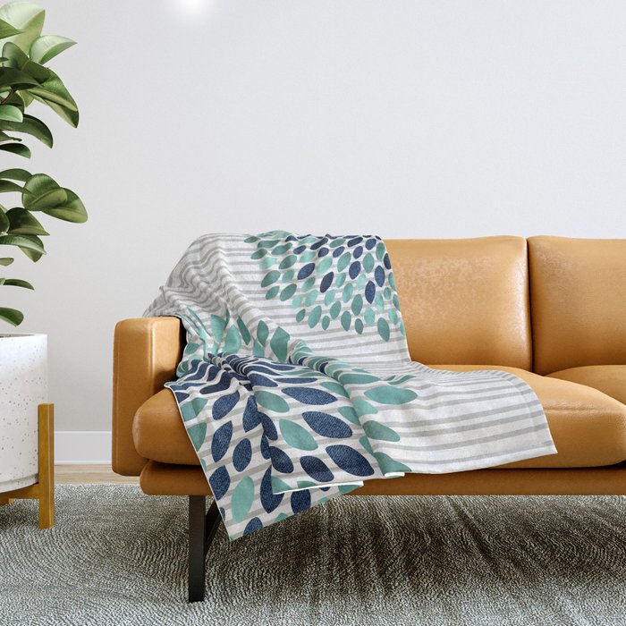 Blooms And Stripes, Aqua And Navy Throw Blanket