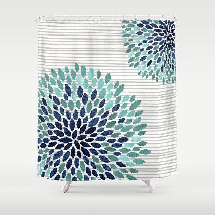 Blooms And Stripes, Aqua And Navy Shower Curtain