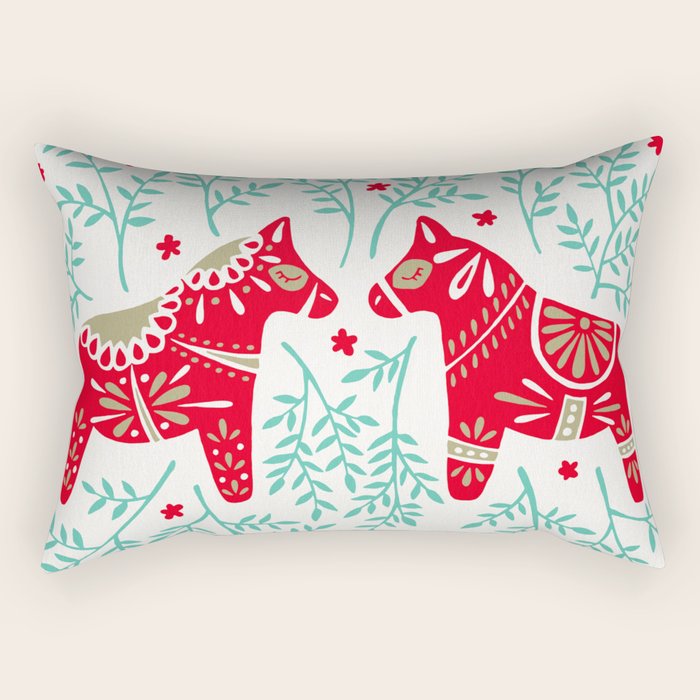 Swedish Dala Horses - Red & Mint Palette Rectangular Pillow