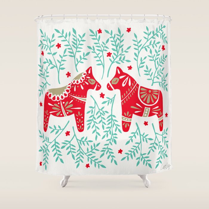 Swedish Dala Horses - Red & Mint Palette Shower Curtain