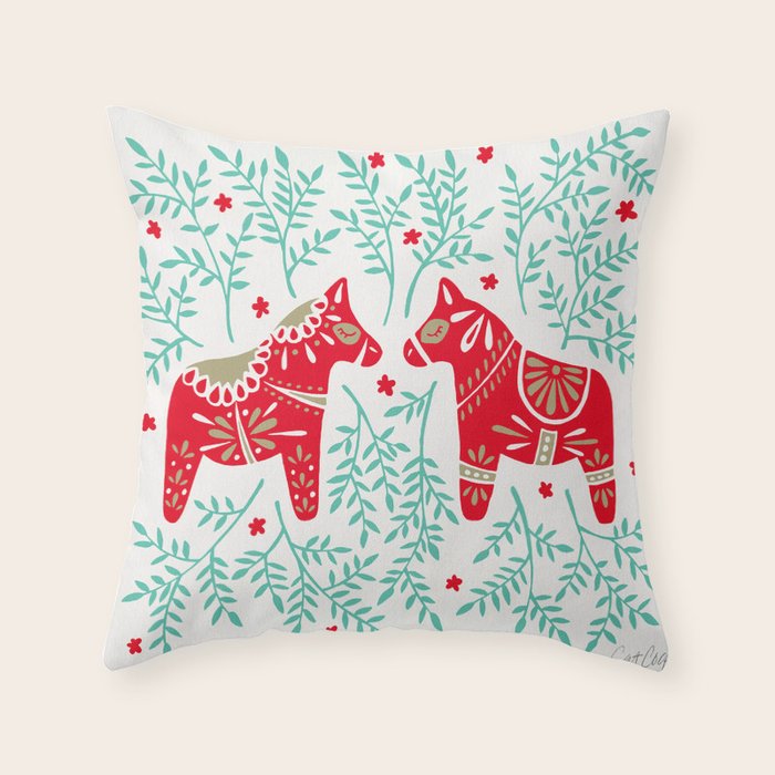 Swedish Dala Horses - Red & Mint Palette Throw Pillow