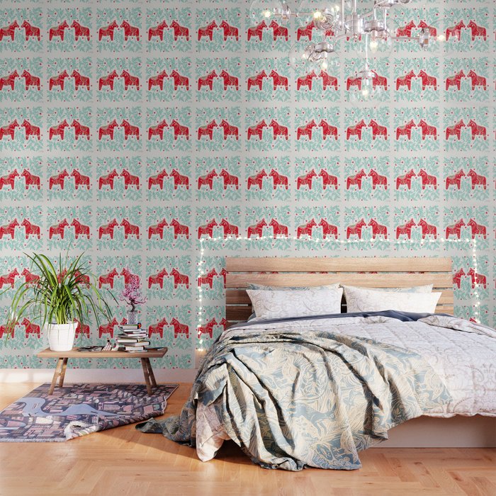 Swedish Dala Horses - Red & Mint Palette Wallpaper