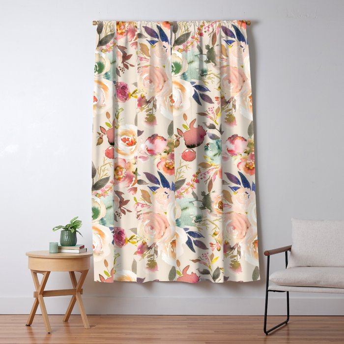 Hand Painted Ivory Pink Brown Watercolor Country Floral Window Curtain