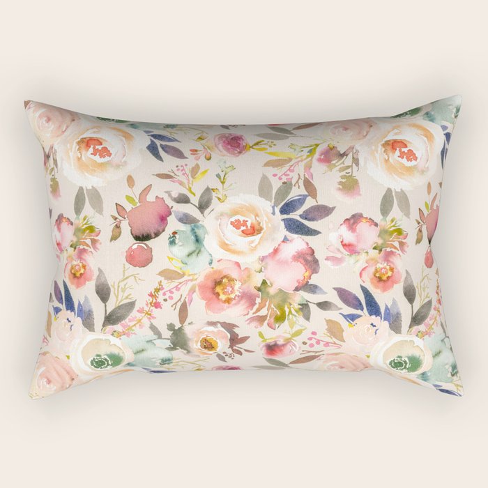Hand Painted Ivory Pink Brown Watercolor Country Floral Rectangular Pillow