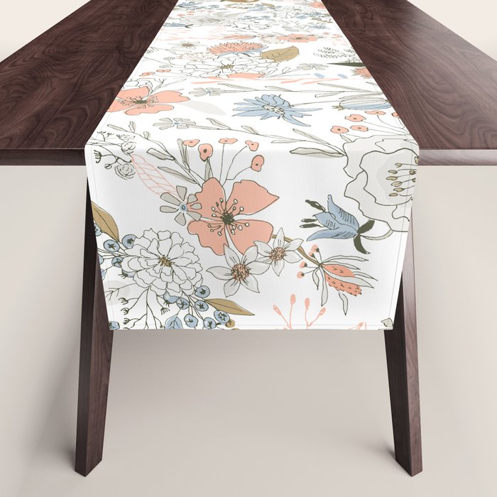 Abstract Modern Coral White Pastel Rustic Floral Table Runner