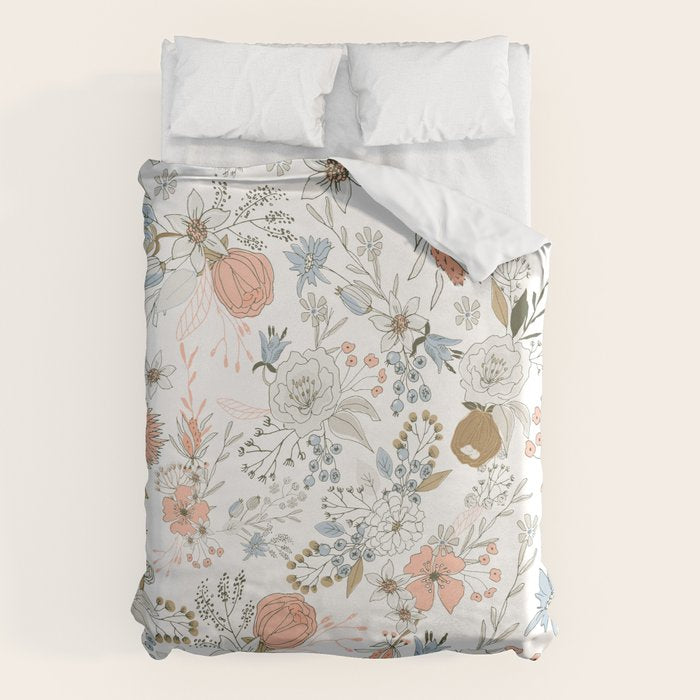 Abstract Modern Coral White Pastel Rustic Floral Duvet Cover