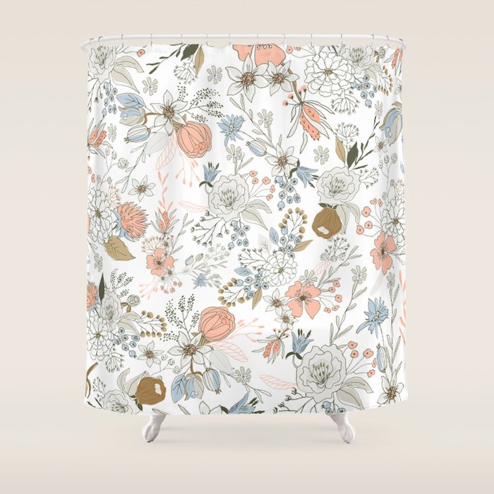 Abstract Modern Coral White Pastel Rustic Floral Shower Curtain