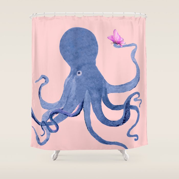 Blue Octopus And Butterfly Shower Curtain