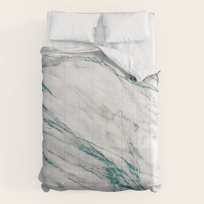 Gray Marble Aqua Teal Metallic Glitter Foil Style Comforter