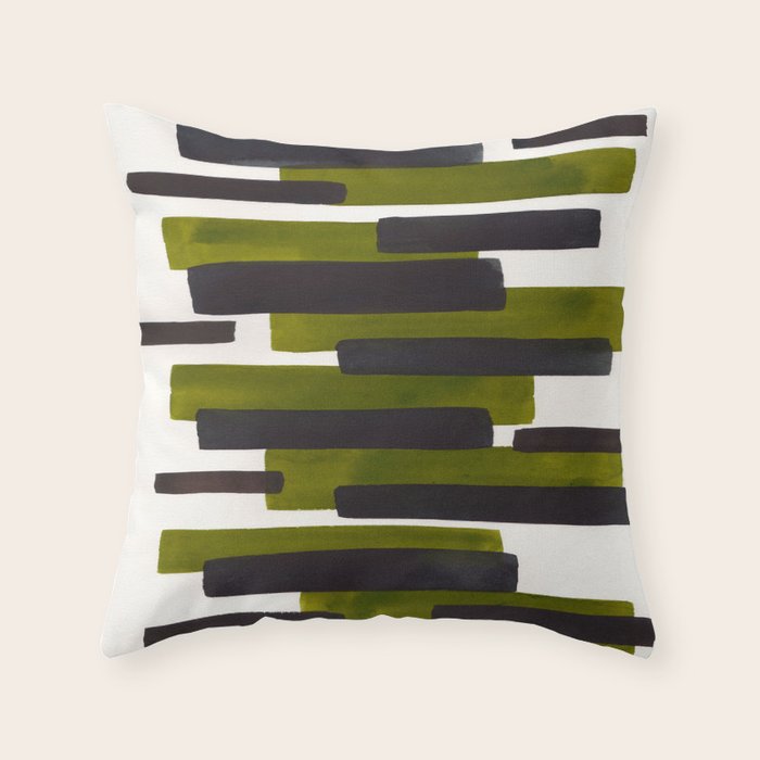 Olive Green Primitive Stripes Mid Century Modern Minimalist Watercolor Gouache Painting Colorful Str Throw Pillow