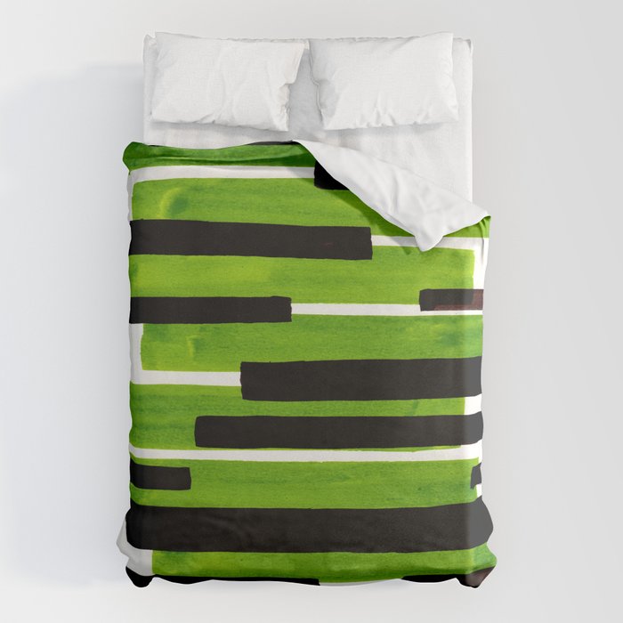 Lime Green Primitive Stripes Mid Century Modern Minimalist Watercolor Gouache Painting Colorful Stri Duvet Cover