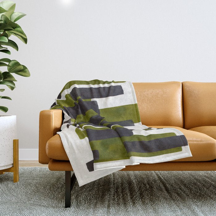 Olive Green Primitive Stripes Mid Century Modern Minimalist Watercolor Gouache Painting Colorful Str Throw Blanket