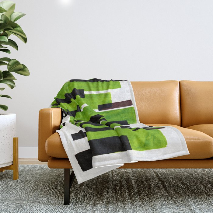 Lime Green Primitive Stripes Mid Century Modern Minimalist Watercolor Gouache Painting Colorful Stri Throw Blanket