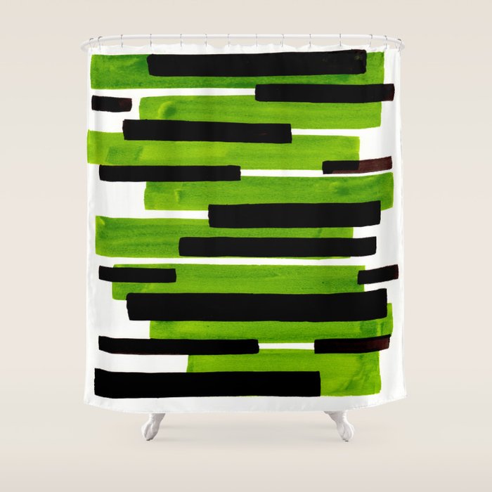 Lime Green Primitive Stripes Mid Century Modern Minimalist Watercolor Gouache Painting Colorful Stri Shower Curtain