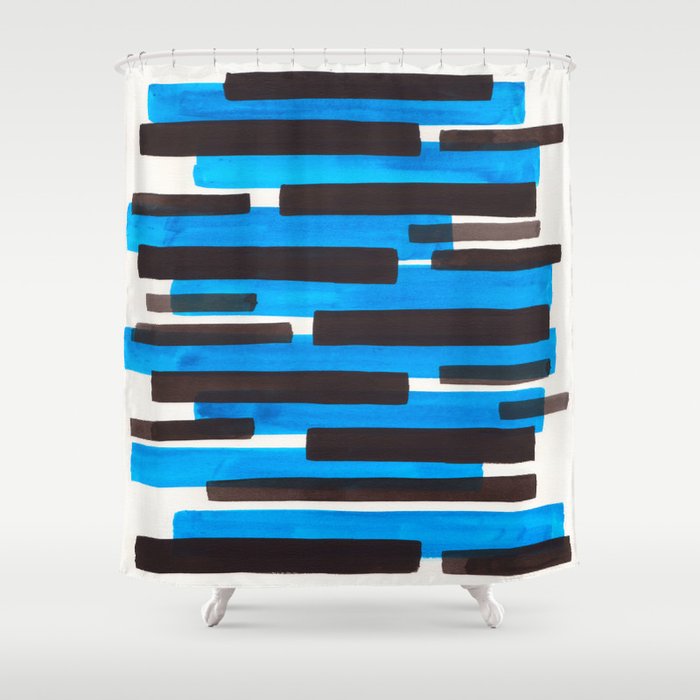 Cerulean Blue Primitive Stripes Mid Century Modern Minimalist Watercolor Gouache Painting Colorful S Shower Curtain