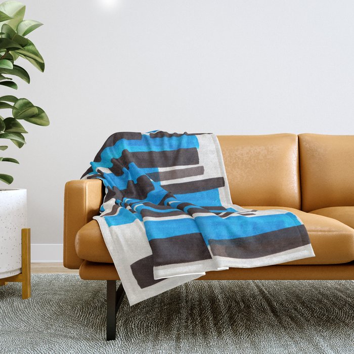 Cerulean Blue Primitive Stripes Mid Century Modern Minimalist Watercolor Gouache Painting Colorful S Throw Blanket