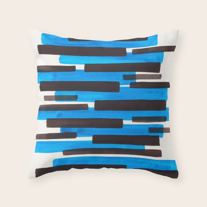 Cerulean Blue Primitive Stripes Mid Century Modern Minimalist Watercolor Gouache Painting Colorful S Throw Pillow