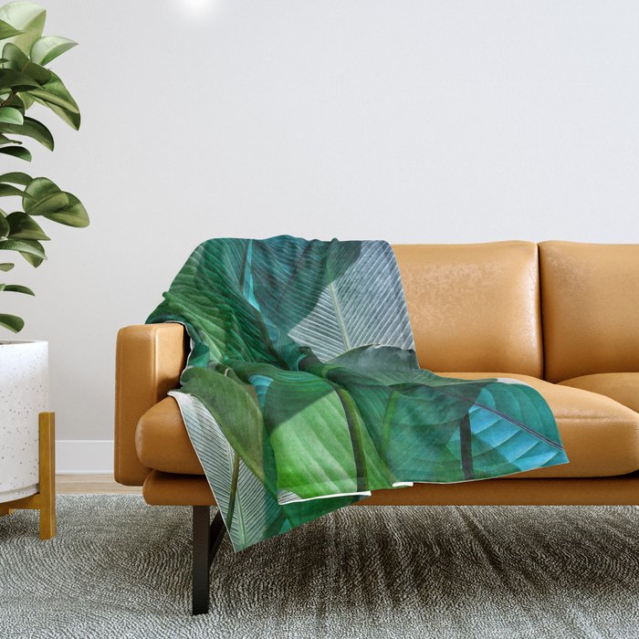 Palm Leaf Jungle Bali Banana Palm Frond Greens Throw Blanket
