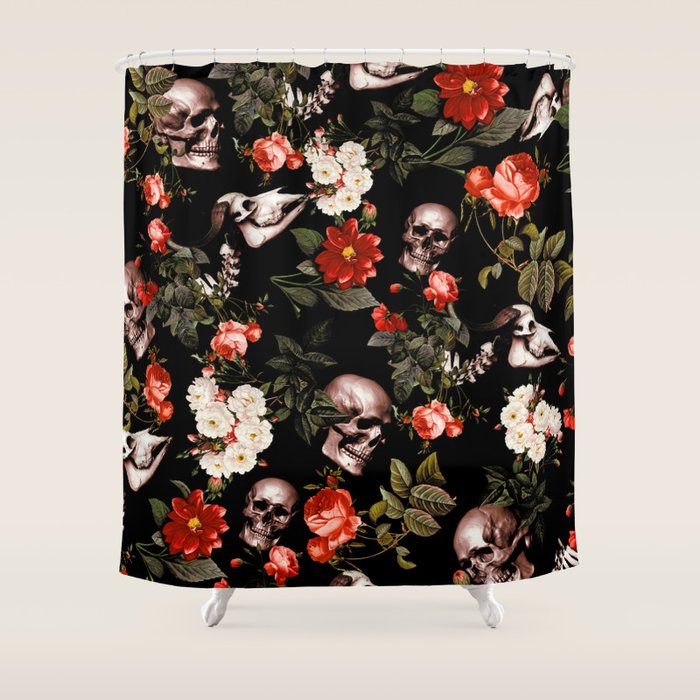 Floral And Skull Dark Pattern Shower Curtain