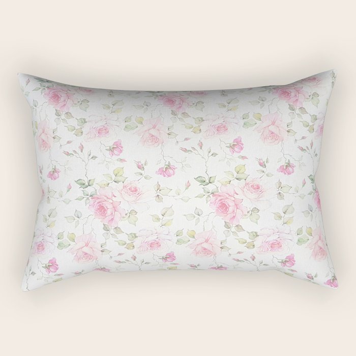 Elegant Blush Pink White Vintage Rose Floral Rectangular Pillow