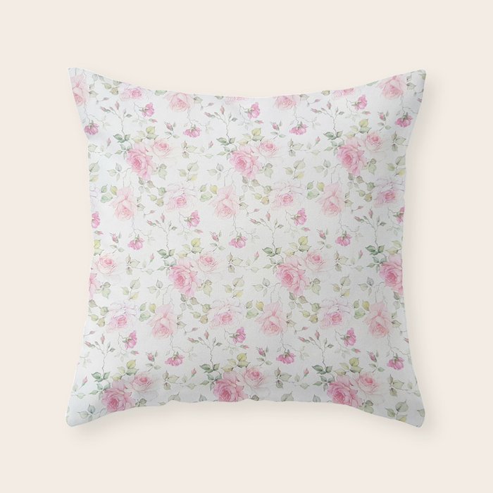 Elegant Blush Pink White Vintage Rose Floral Throw Pillow