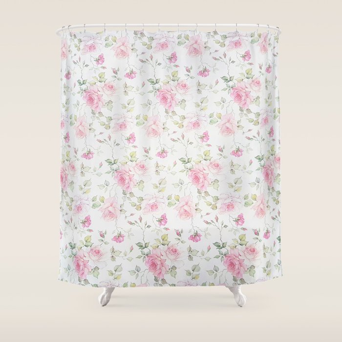 Elegant Blush Pink White Vintage Rose Floral Shower Curtain