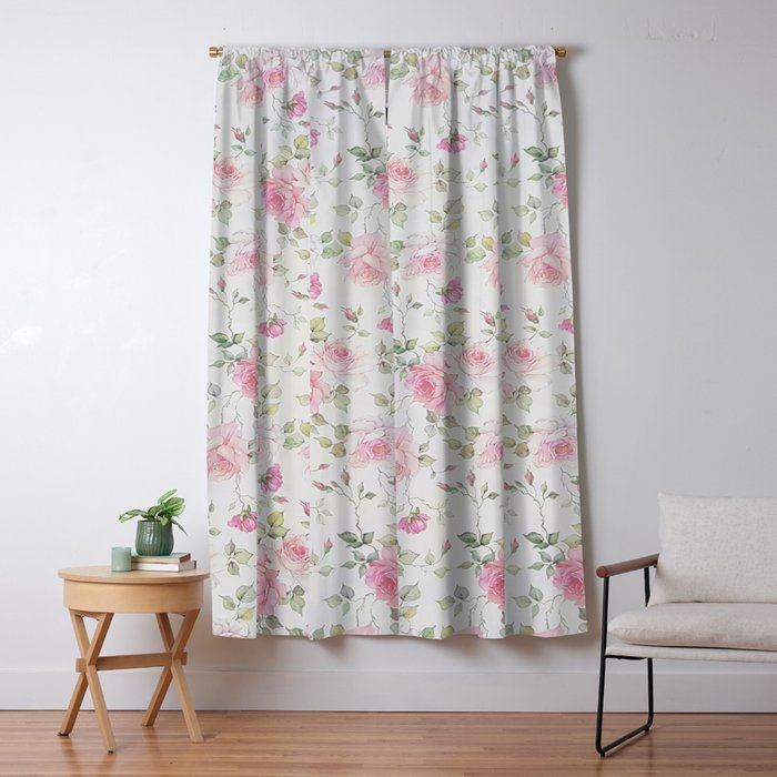 Elegant Blush Pink White Vintage Rose Floral Window Curtain