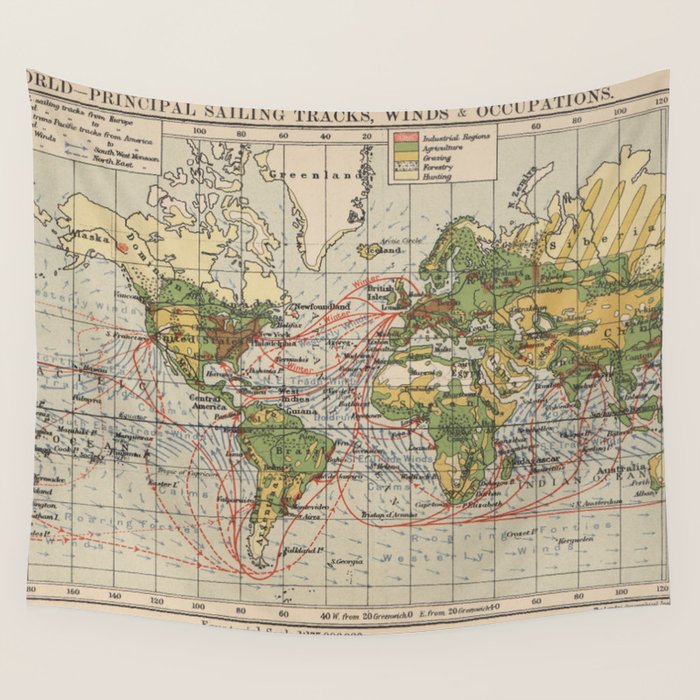 Vintage World Sailing Routes Map (1914) Wall Tapestry