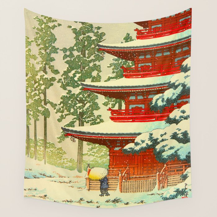 Vintage Japanese Woodblock Print Japanese Shinto Shrine Red Pagoda With Snow Capped Trees Wall Tapestry