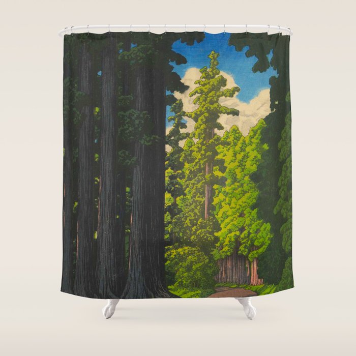 Vintage Japanese Woodblock Print Kawase Hasui Mystical Japanese Forest Tall Green Trees Shower Curtain