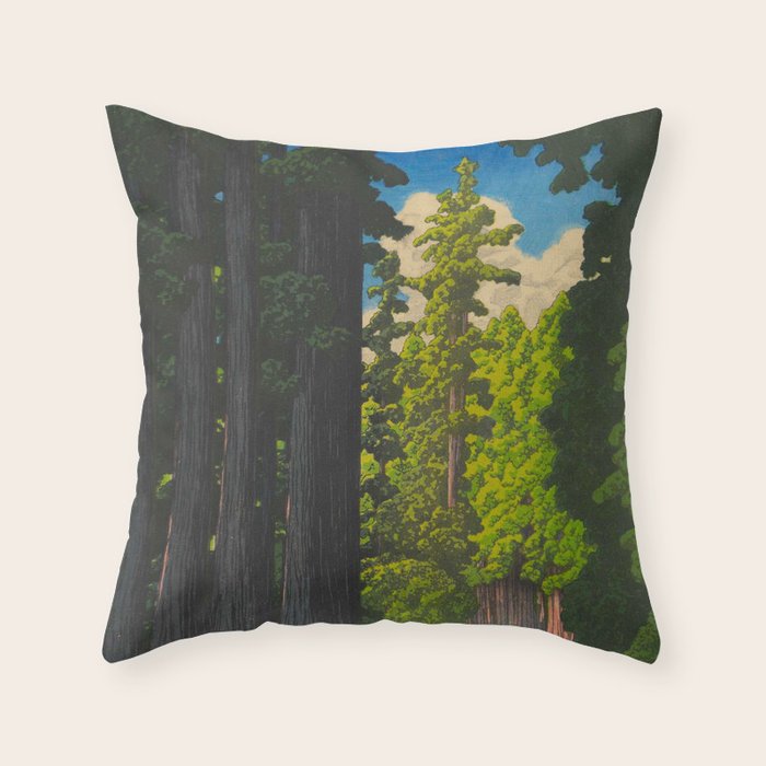 Vintage Japanese Woodblock Print Kawase Hasui Mystical Japanese Forest Tall Green Trees Throw Pillow